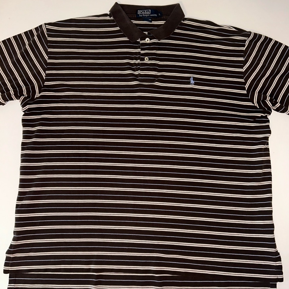 Polo Ralph Lauren‎ VINTAGE brown white blue stripe short sleeve polo size Large - Picture 11 of 11